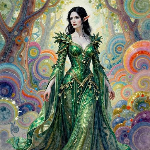 Digital fantasy art of a pale-skinned, black-haired elf woman with pointed ears, wearing a green, leafy, form-fitting gown, standing