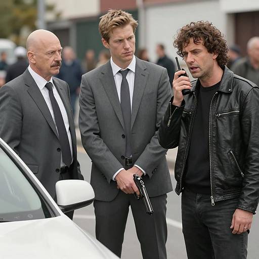 Intense Trio Near White Car with Gun and Radio