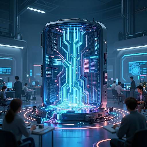 Photograph of a futuristic, glowing neon-blue circuitry cylinder centerpiece in a dimly lit, high-tech lab with seated scientists and technicians.