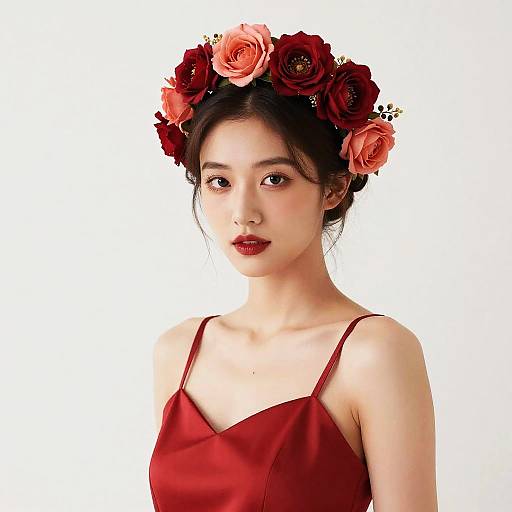 Woman in Red Dress with Floral Crown