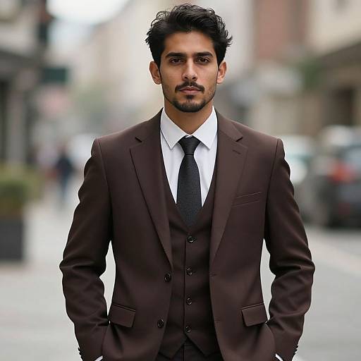 Photograph of a handsome, mustached South Asian man with dark hair, wearing a dark brown three-piece suit, white shirt, and black tie,