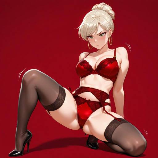 Woman in Red Lingerie and Black Stockings