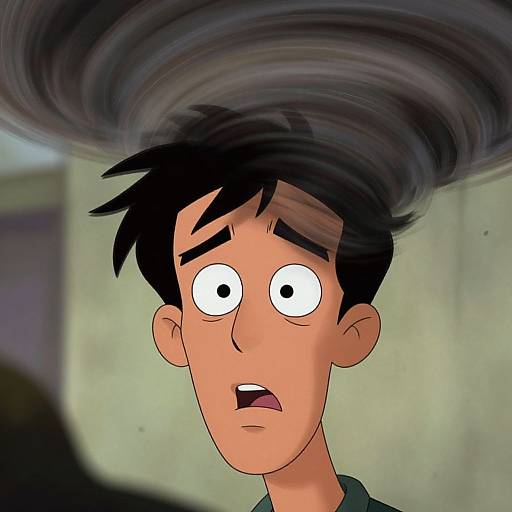 Cartoon-style image of a worried, wide-eyed young man with black hair, a swirling dark cloud above his head, and an open mouth. Digital