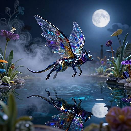 Glowing, iridescent dragon with multicolored wings leaps over a moonlit, misty pond surrounded by vibrant flowers, reflected in still