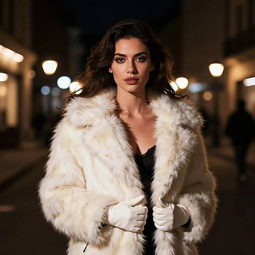 Woman in White Fur Coat on Night Street