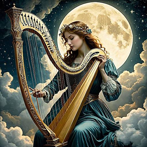 Celestial Woman Playing Ornate Golden Harp