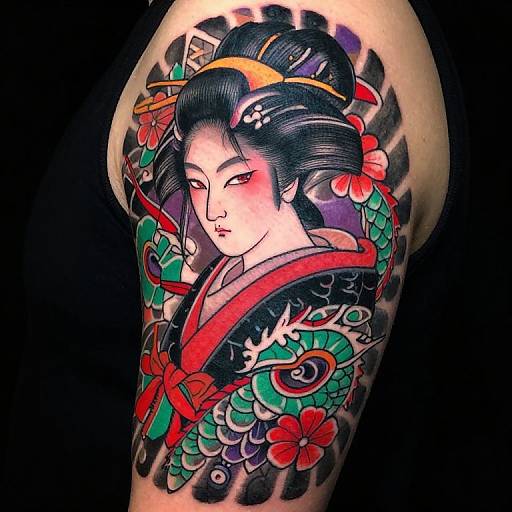 Vibrant tattoo of a traditional Japanese geisha with black hair, red eyes, and floral accents, featuring colorful koi fish and red ribbon,