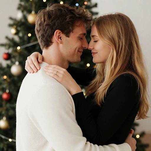 Intimate Couple Embrace by Christmas Tree