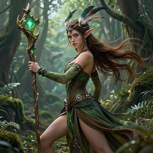 Digital fantasy artwork of an elven sorceress with long brown hair, green armor, and feathered headdress, holding a glowing staff in a