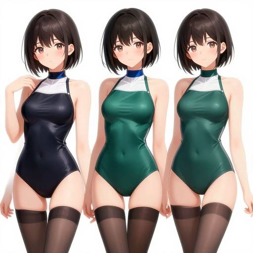 Digital anime-style illustration of three identical young women with short black hair, wearing black and green high-cut leotards, white halter necks,