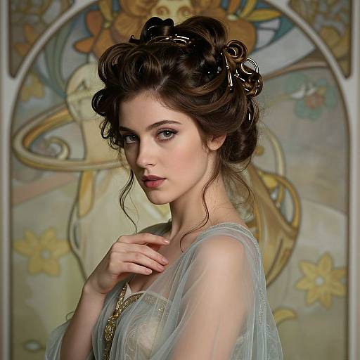 Photograph of a fair-skinned, brown-haired woman with an elaborate updo, wearing a sheer, light blue dress, against a vintage-style floral