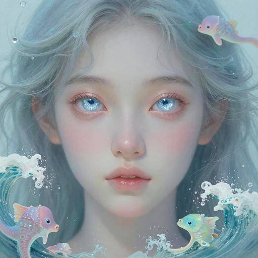 Digital artwork of a pale, ethereal girl with glowing blue eyes, silver hair, and pink lips, surrounded by colorful fish and bubbles.