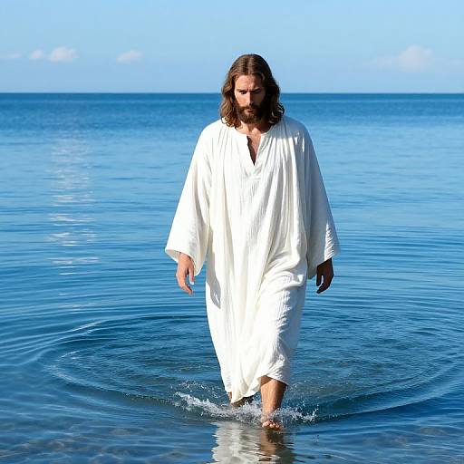 Photograph of a bearded Jesus with long brown hair, wearing a white robe, walking in shallow blue ocean water under a clear sky.