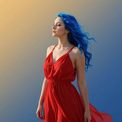 Photograph of a fair-skinned woman with vivid blue hair, wearing a flowing red dress, standing against a gradient blue to yellow background, eyes closed