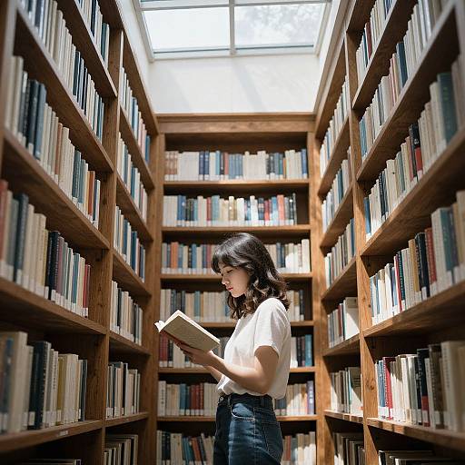 Photograph of a woman with long dark hair, white blouse, and high-waisted black skirt, reading a book in a sunlit, wooden