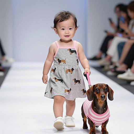 Adorable Asian Baby with Dachshund on Runway