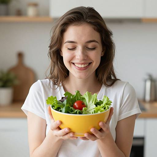 Photograph of a smiling young woman with brown hair, wearing a white t-shirt, holding a yellow bowl of fresh salad in a bright, modern kitchen