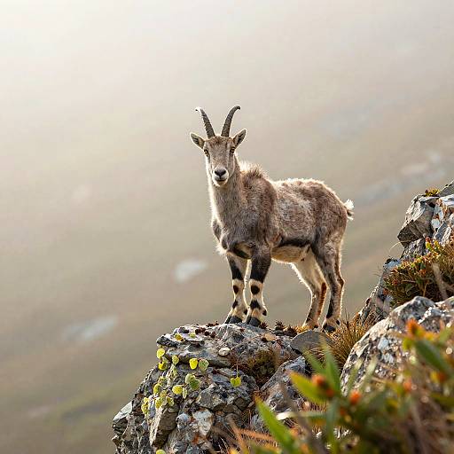 Photograph of a small, brown goat with black stripes standing on a rocky, moss-covered cliff, looking directly at the camera. Blurred, sun