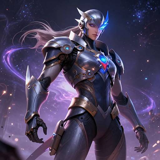 Digital art of a futuristic, armored warrior with glowing blue helmet, purple energy aura, and intricate metallic armor, set against a starry night sky.