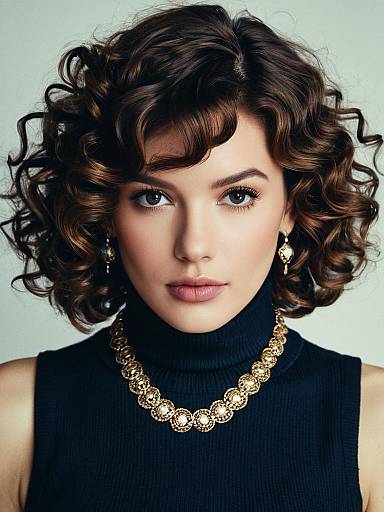 Woman with Curly Bob Hairstyle and Gold Jewelry