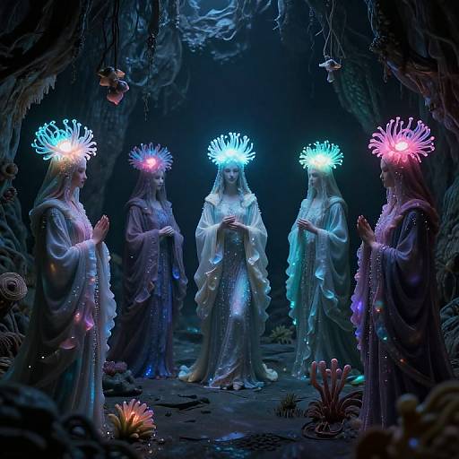 Photograph of five glowing, ethereal, white-robed figures with colorful, neon halos in a dark, cave-like setting with illuminated plants.