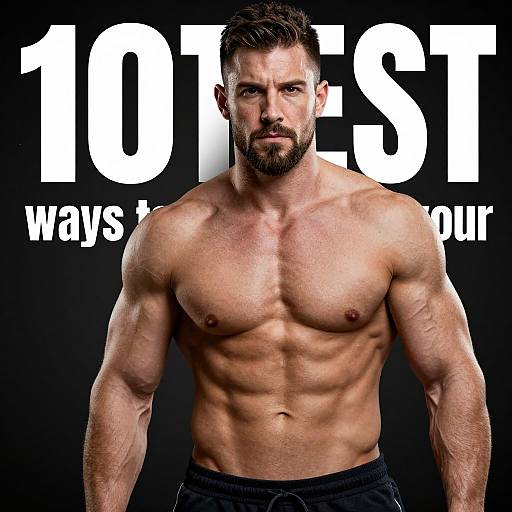 Photograph of a muscular, bearded man with short dark hair, shirtless, showcasing a defined chest and abs, against a black background with bold