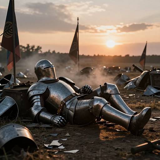 Photograph of a fallen silver knight in full armor, surrounded by scattered helmets and flags, at sunset in a dusty battlefield.