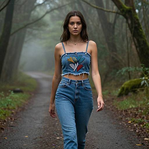 Confident Woman in Embroidered Jeans Top