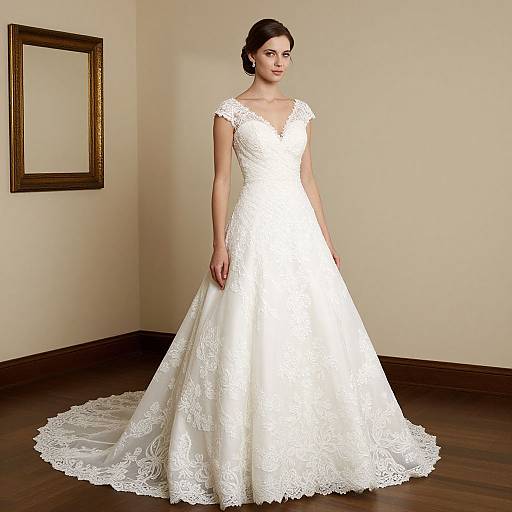 Photograph of a brunette woman in a white lace wedding gown with a fitted bodice and full skirt, standing in a minimalist room with a wooden floor