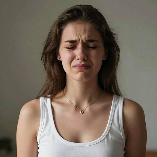 Photograph of a young woman with long brown hair, closed eyes, and a pained expression, wearing a white tank top and a small necklace,