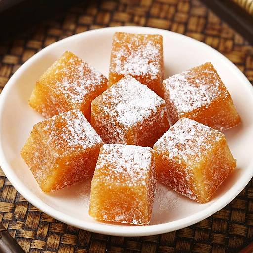 Photograph of six golden-brown, sugar-dusted, square-shaped fried dough pieces on a white plate, placed on a woven dark brown mat.
