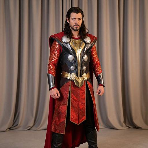 Photograph of a bearded man with long black hair, wearing an elaborate red and black medieval-style costume with gold accents, standing against gray draped curtains