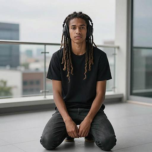 Young Musician with Headphones Kneeling on Urban Rooftop