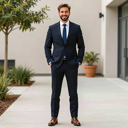 Smiling man in navy suit outdoors