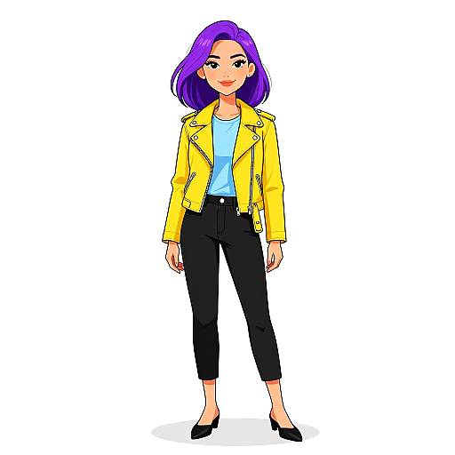 Digital illustration of a smiling woman with purple hair, wearing a yellow jacket, light blue shirt, black pants, and black shoes.