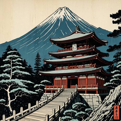 Ukiyo-e Woodblock Print of Japanese Mountain Temple