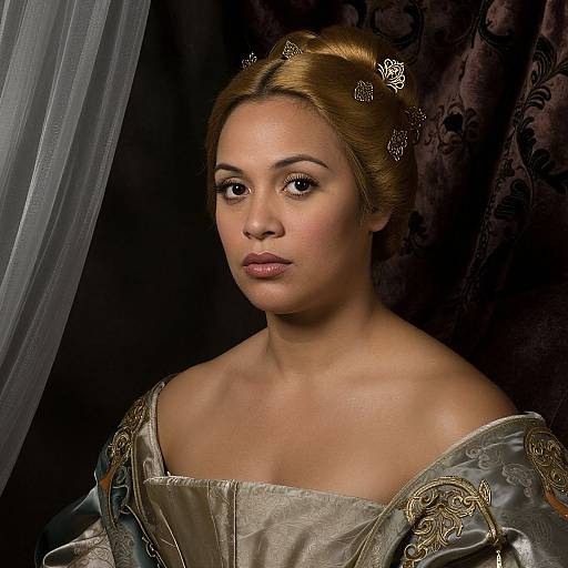 Digital portrait of a poised, light-skinned woman with golden-brown hair, wearing an ornate, off-shoulder silver gown, set against