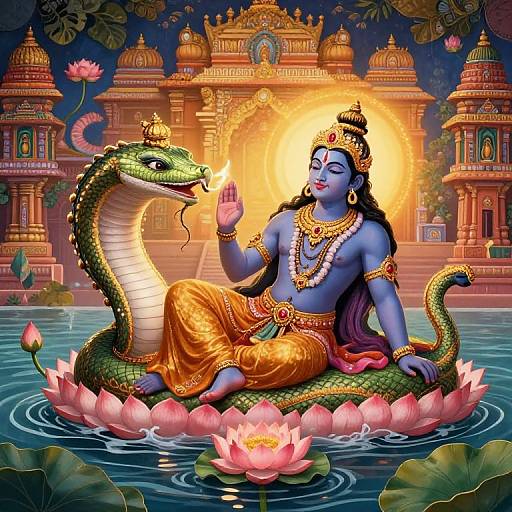 Digital artwork of blue-skinned Hindu god with gold jewelry, orange dhoti, sitting on snake amidst lotus flowers, in front of glowing temple