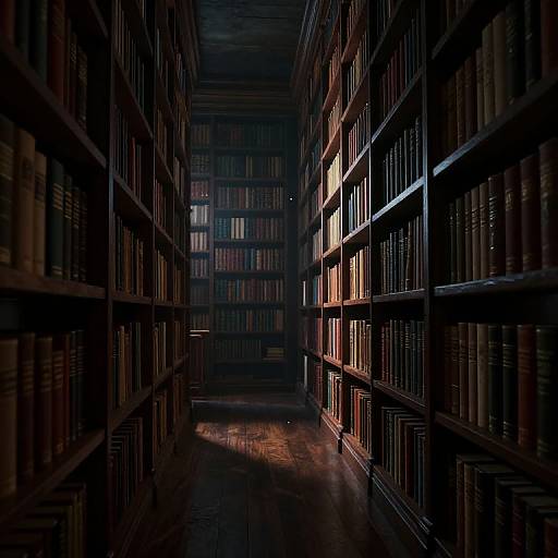 Photograph of a dimly lit, narrow library aisle with tall, wooden bookshelves on both sides, filled with colorful, neatly arranged books.