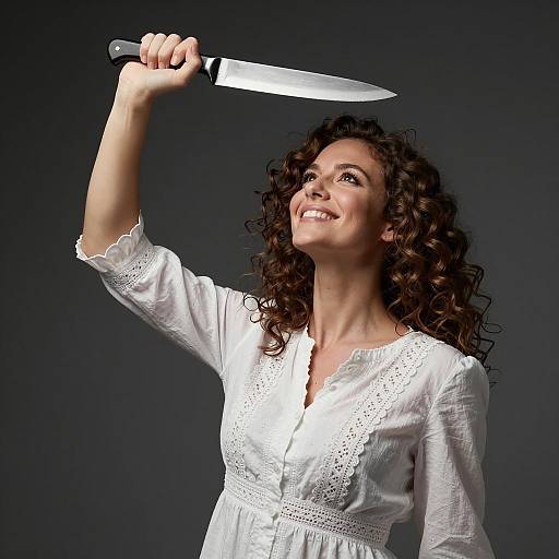 Confident Woman with Knife in Lace Dress