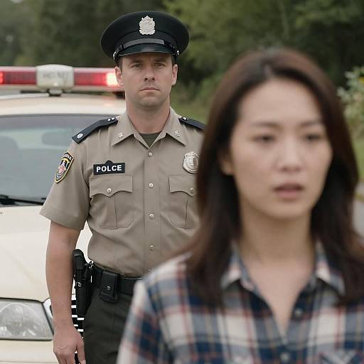 Police officer and surprised woman in outdoor setting