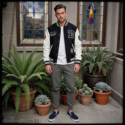 Photograph of a young man with short brown hair, wearing a black and white varsity jacket, gray pants, and navy slip-on shoes, standing