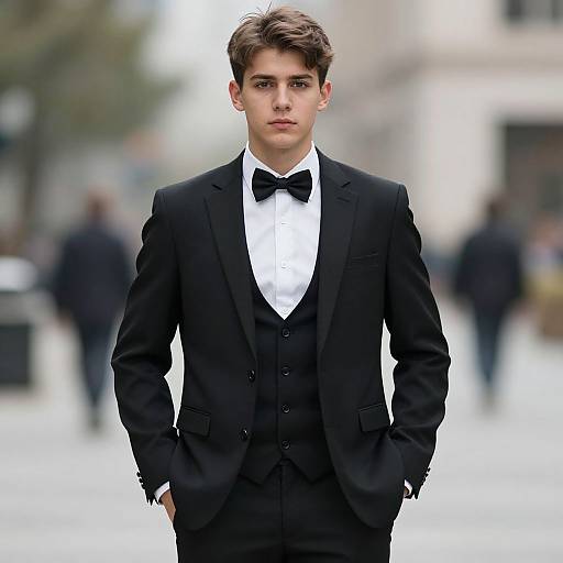 Photograph of a young white man with short brown hair, wearing a black tuxedo, white dress shirt, and black bow tie, standing confidently