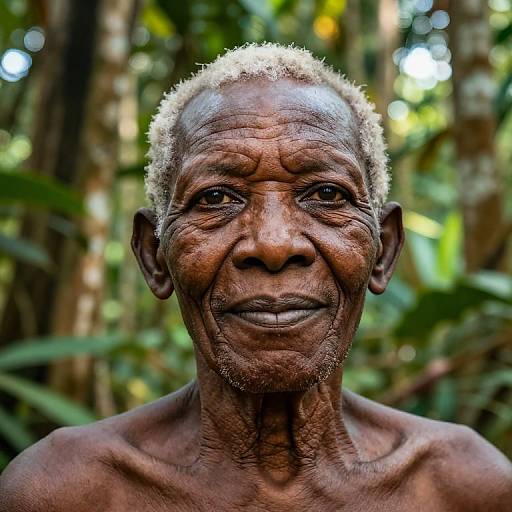 Photograph of an elderly, shirtless, dark-skinned man with wrinkled face, short curly white hair, and gentle smile, set against a