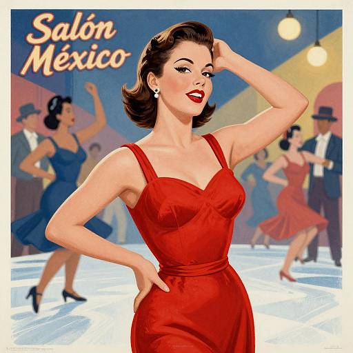 Vintage-style illustration of a glamorous woman in a red dress dancing, with 