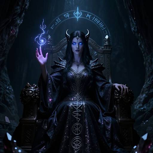 Digital artwork of a dark, ethereal queen with glowing blue eyes, black horns, and intricate black dress, holding a blue flame on a dark throne