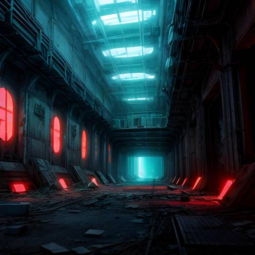 Neon-Lit Futuristic Abandoned Space Station Interior