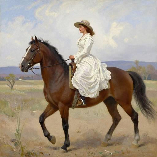 Realistic oil painting of a woman in a white dress and wide-brimmed hat riding a brown horse across a grassy field.