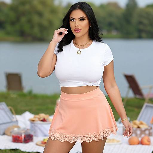 Photograph of a curvy woman with long black hair, tan skin, wearing a white crop top and peach lace-trimmed skirt, standing outdoors