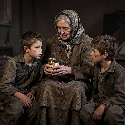 Photograph of an elderly woman in a worn, brown dress and headscarf, holding a jar, sitting with two young boys in similarly dirty clothes
